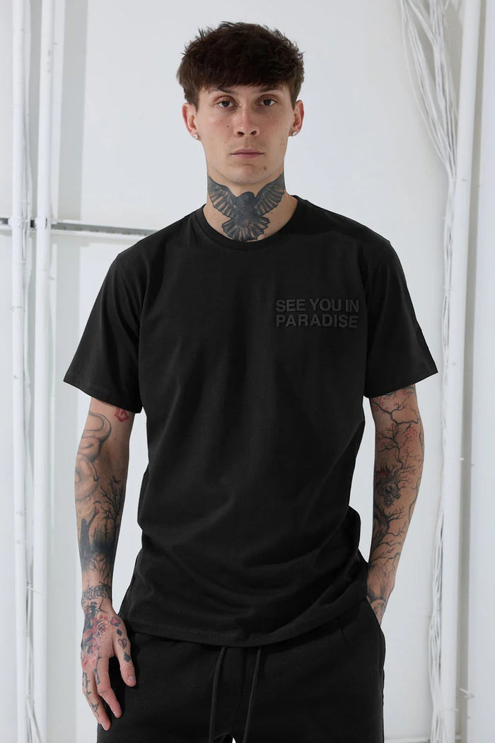 Black SYIP T-Shirt with "See You in Paradise" graphic, fresh fitted cotton fabric and block letter design.