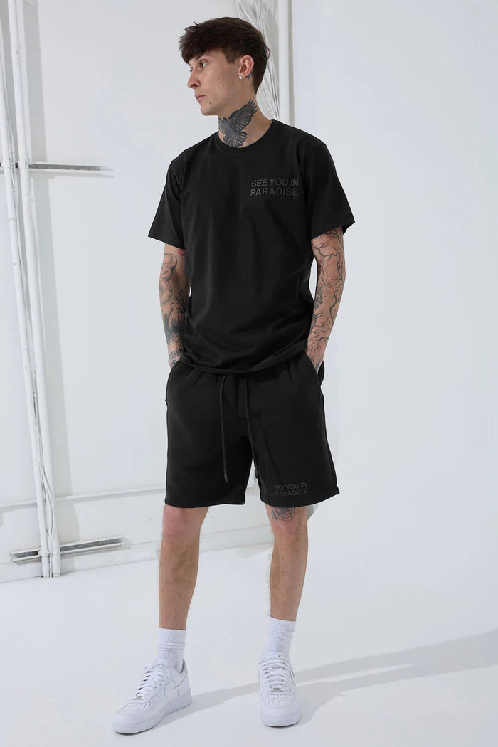 Black SYIP T-shirt with block letter design, made of fresh cotton fabric, casual fit and comfortable for everyday wear.