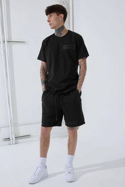 Black SYIP T-shirt with block letter design, made of fresh cotton fabric, casual fit and comfortable for everyday wear.