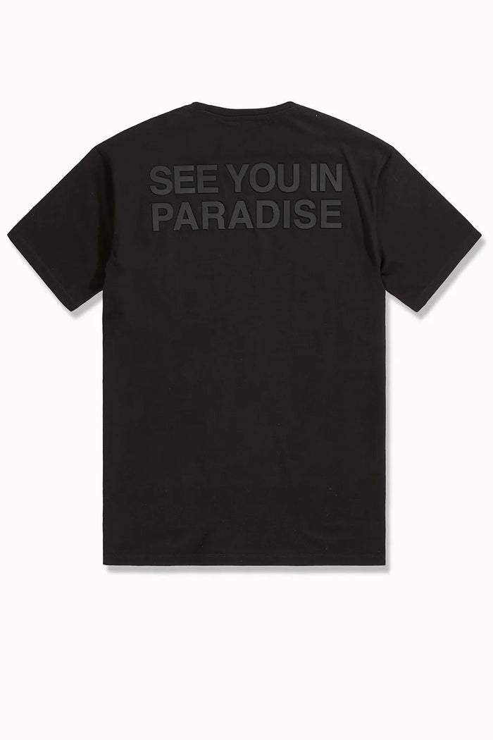 Black SYIP T-shirt with "See You in Paradise" block letter design, made from fresh cotton fabric.