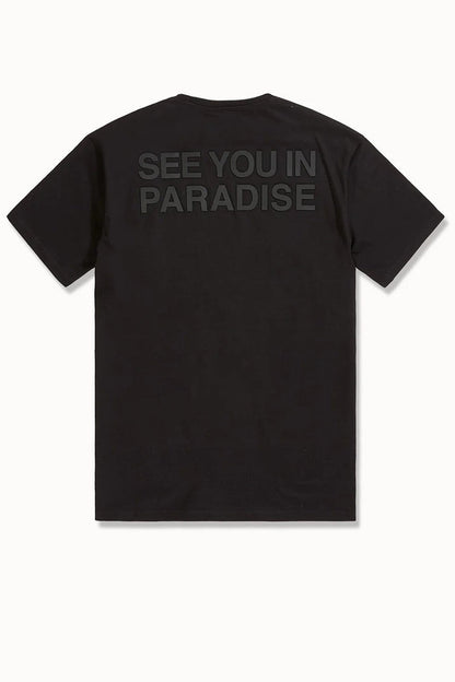 Black SYIP T-shirt with "See You in Paradise" block letter design, made from fresh cotton fabric.