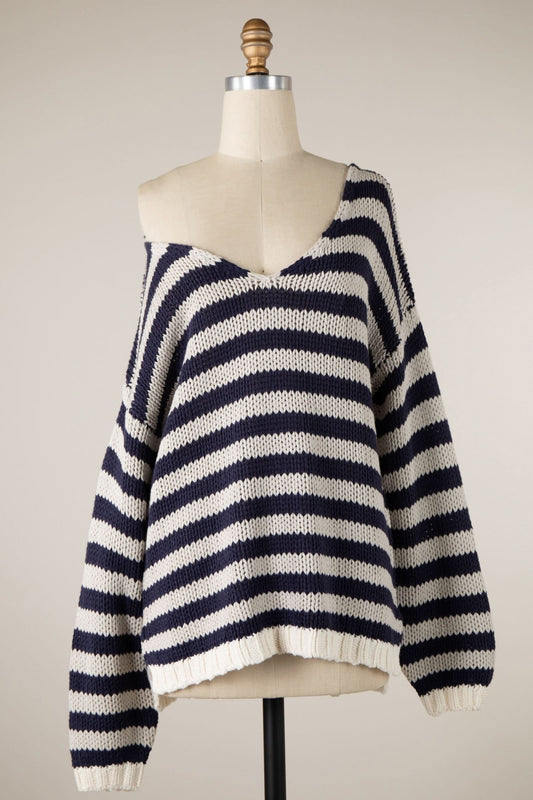 Lia Denim Stripe Oversized V-Neck Sweater Top