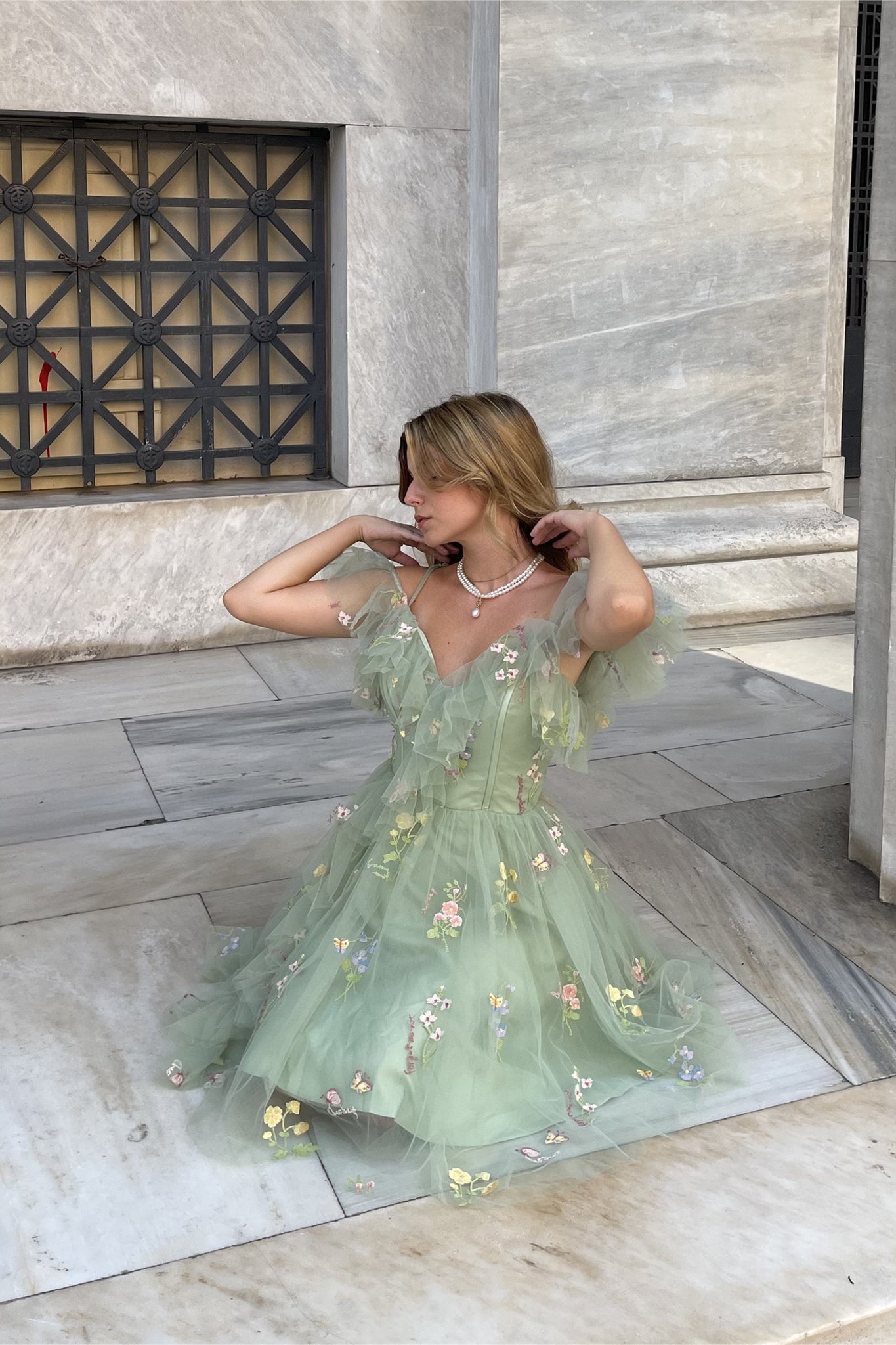 Blue Floral Ruffle A-line Homecoming Dress