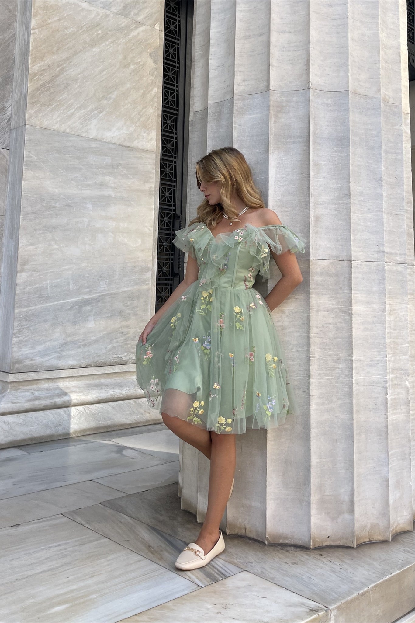 Blue Floral Ruffle A-line Homecoming Dress