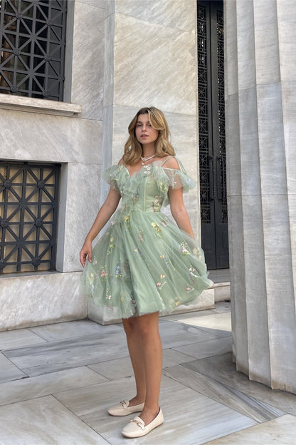 Blue Floral Ruffle A-line Homecoming Dress