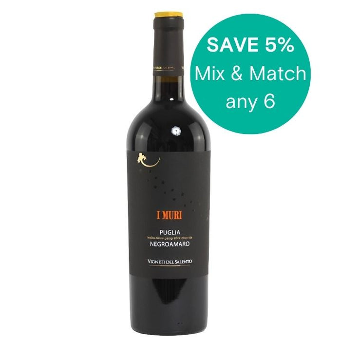I_Muri_negroamaro with promotional text for saving 5% on mixing and matching any 6 bottles.