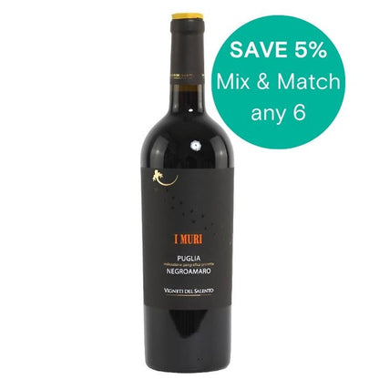 I_Muri_negroamaro with promotional text for saving 5% on mixing and matching any 6 bottles.