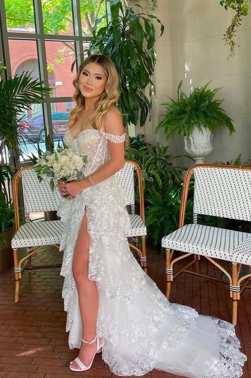 Off the Shoulder Light Blue Appliques Tiered Formal Gown