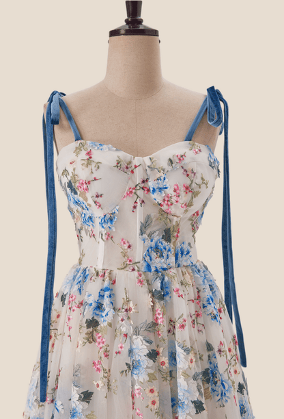 Blue Floral Tea Length A-line Party Dress