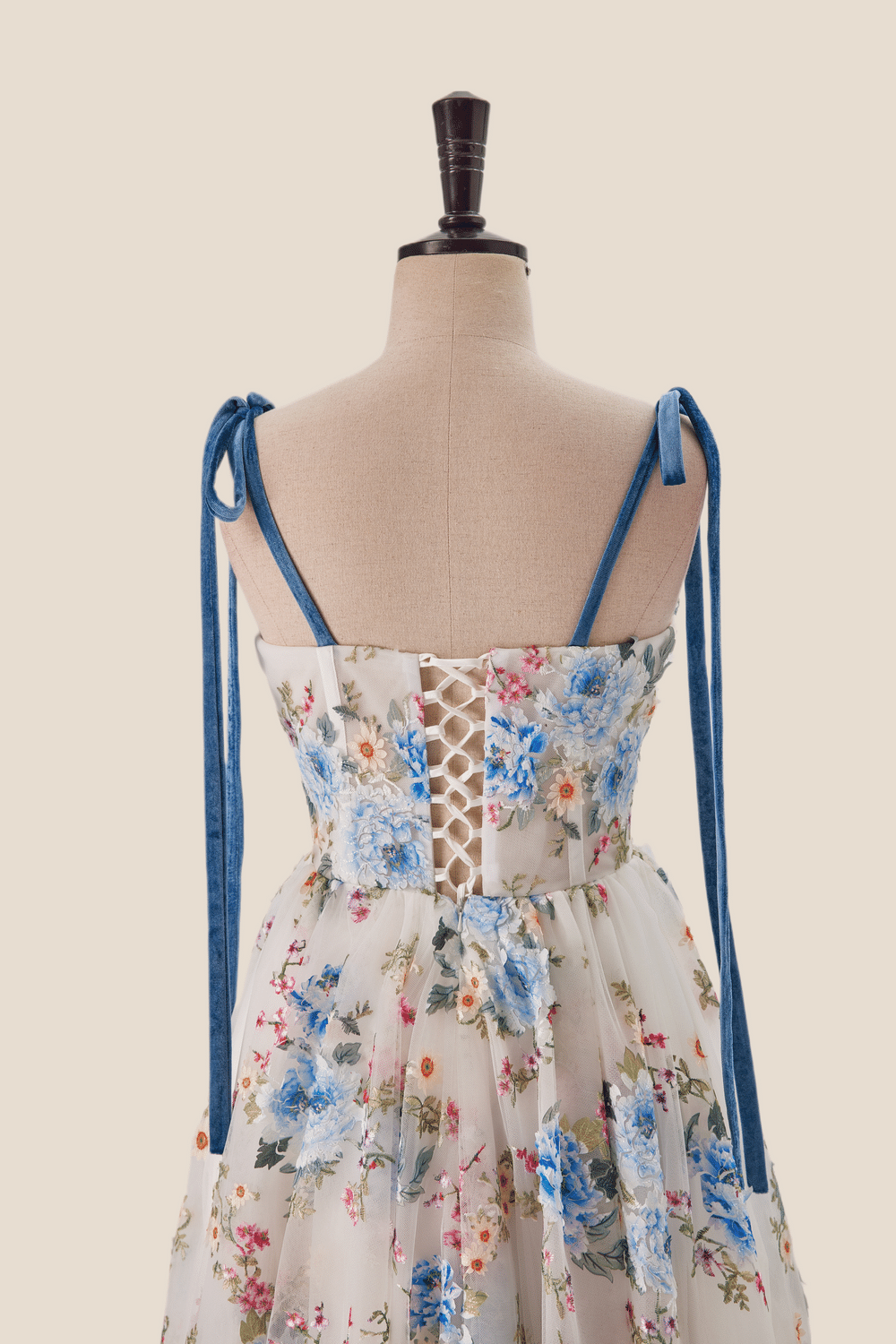 Blue Floral Tea Length A-line Party Dress