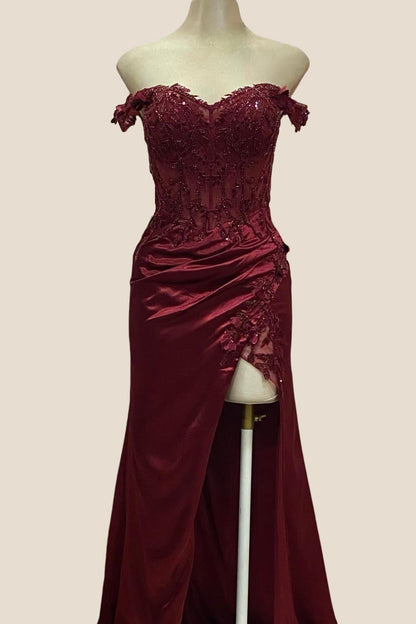 Lace Off the Shoulder Royal Blue Satin Mermaid Dress