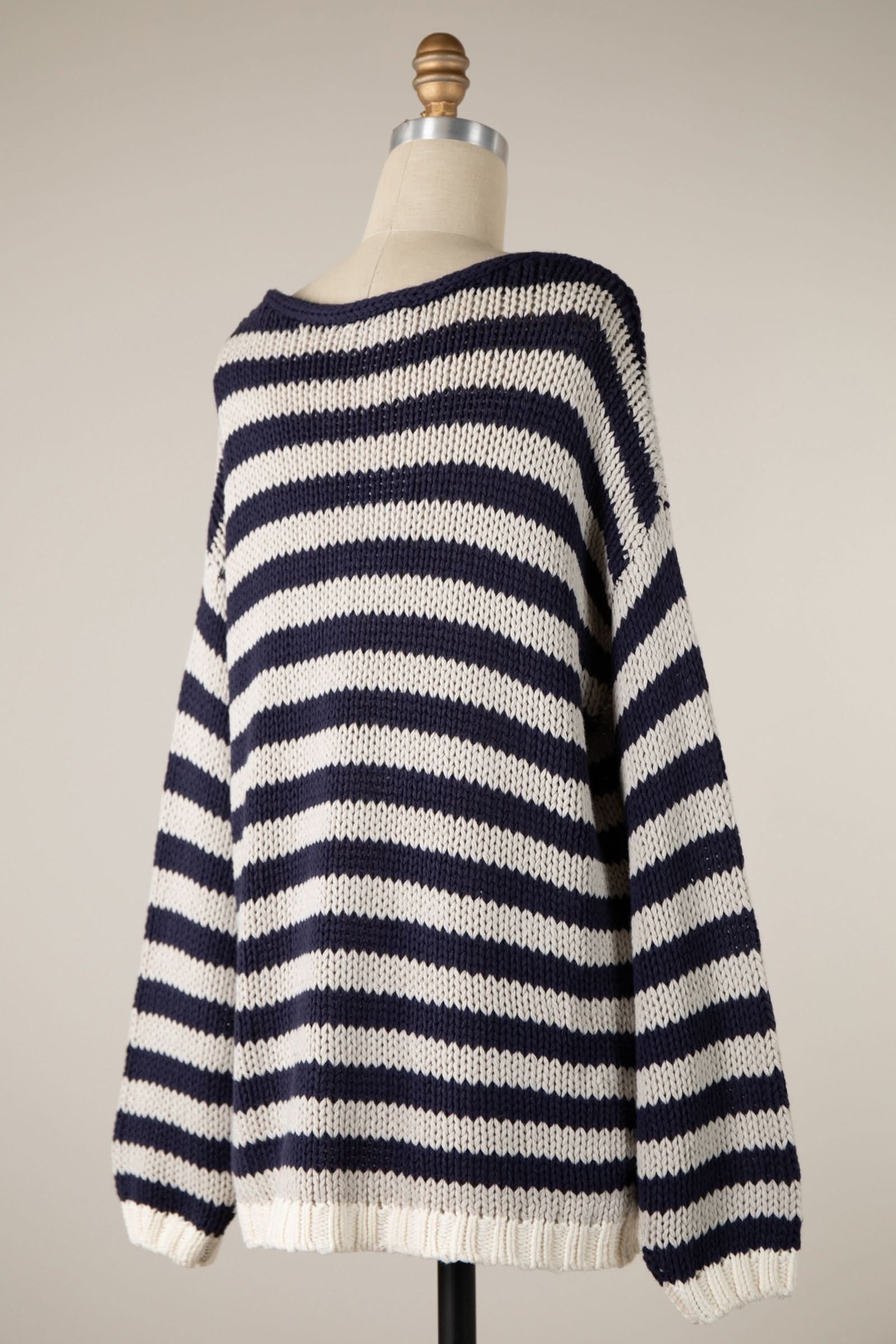 Lia Denim Stripe Oversized V-Neck Sweater Top